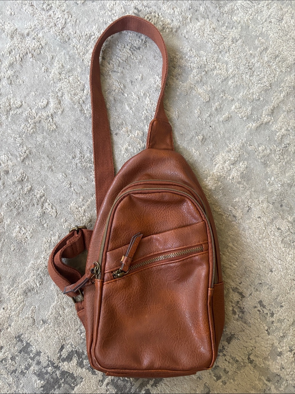 Men's Tan faux Leather Sling Belt Bag with Front Zip Pockets